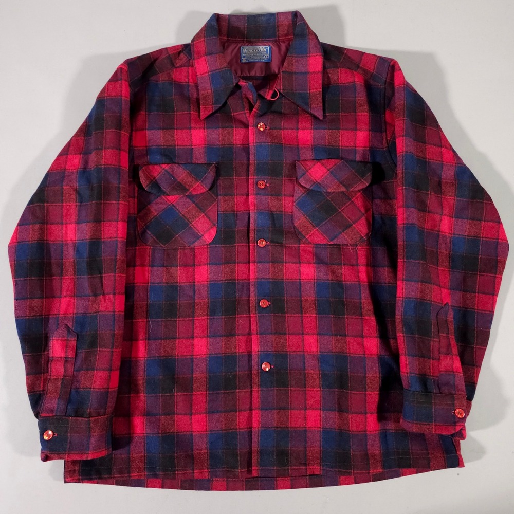 Pendleton Board Shirt Mens Large Red Plaid Wool Loop Collar True 50s Vintage USA